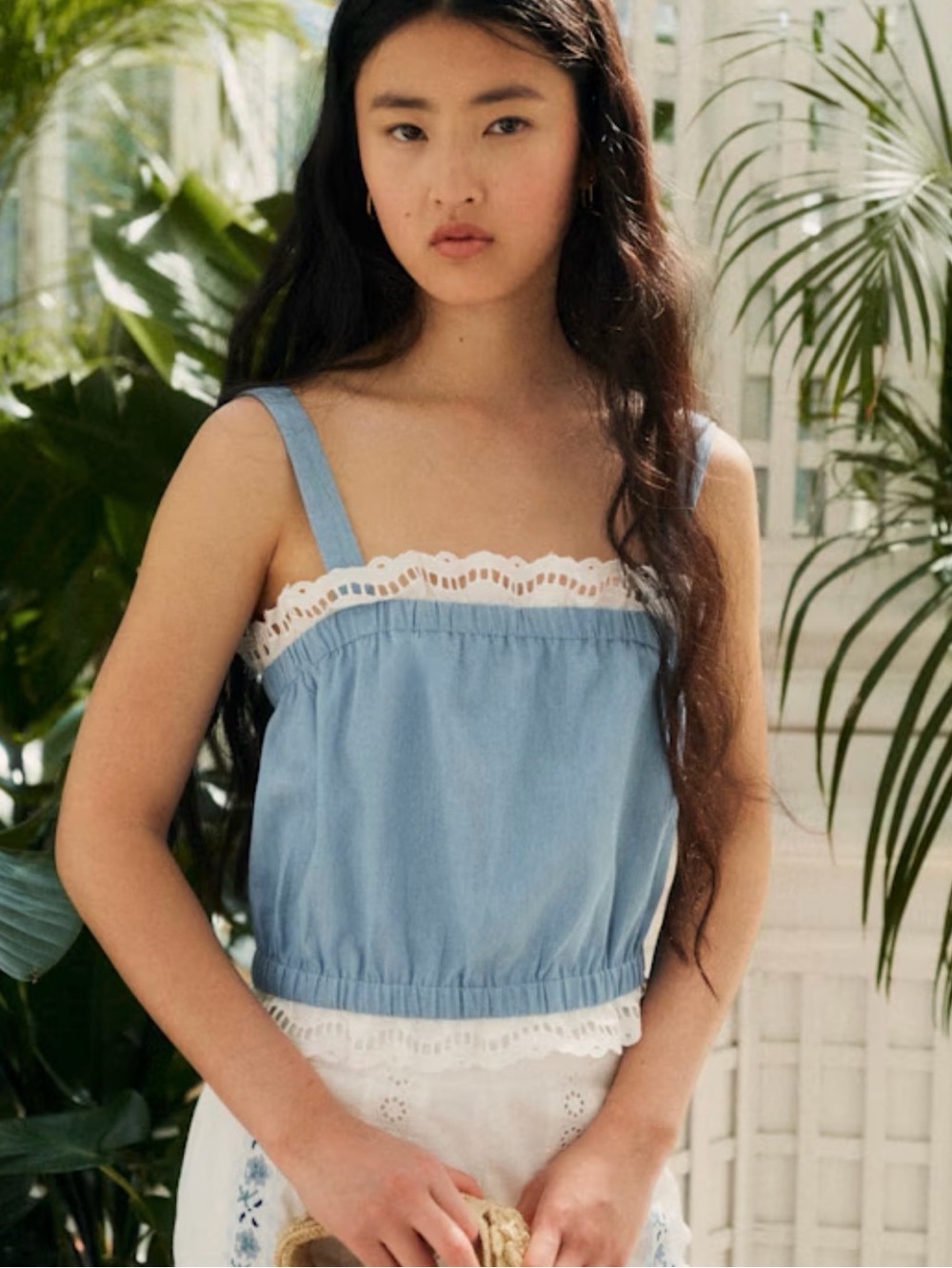 Sezane NWT soft chambray Denim Lace Trim Tank Top size 4 / 36